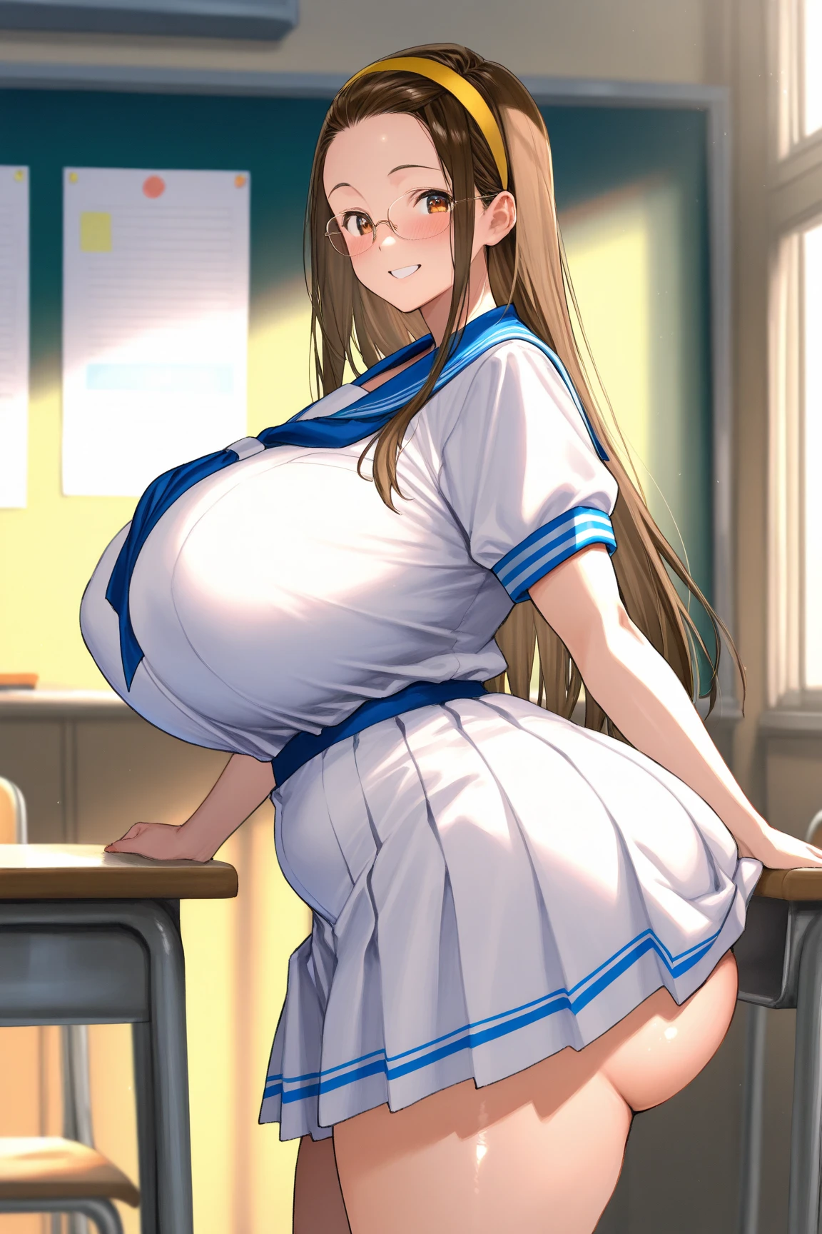A Beautiful and Cute young Girl, with (Long Dark-Brown Hair), Big Beautiful Blue Eyes, (Extremely ), (Incredibly Enormous ), ((Excessively Thickened, Overwhelmingly Extremely Enormous Thighs)), and is very short at about 4.9 feet Tall. Wearing a High-School uniform that her thighs have outgrown, and is standing in the school hallway, embarrassed by her appearance, Her High-School uniform has a white top, and a slightly too short Green Skirt, 