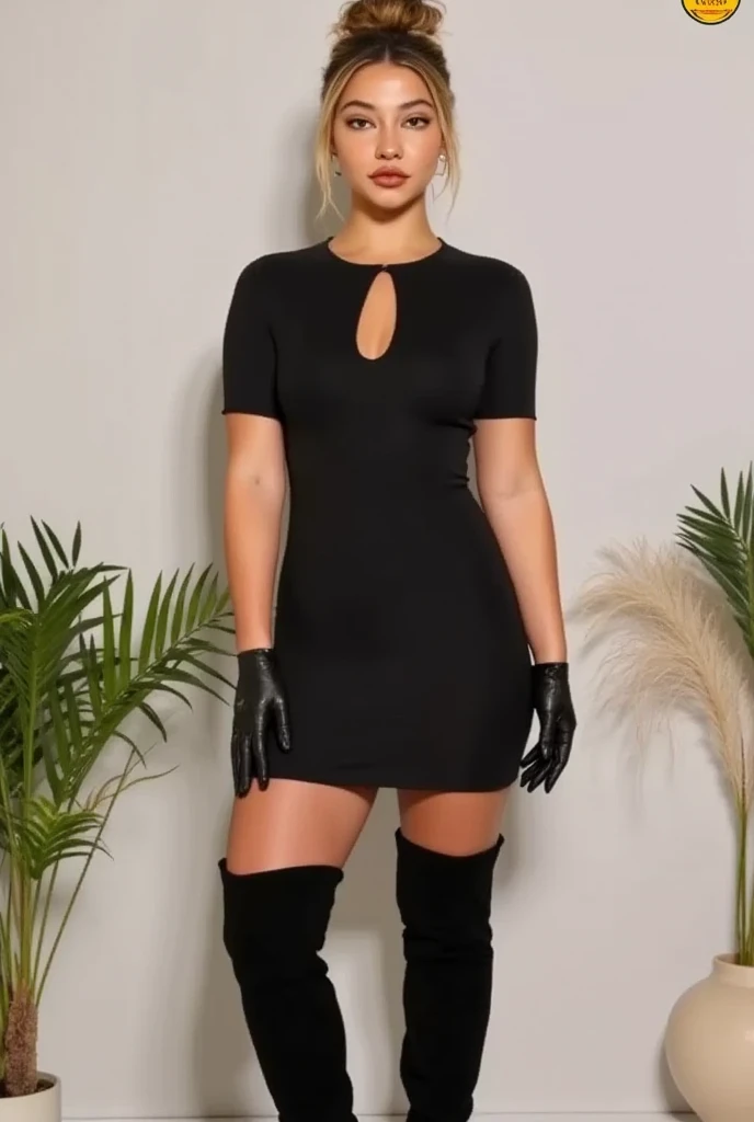 califaop, (a woman, long blonde hair, fishnet stockings, glasses:1.1), ((masterpiece:1.4, best quality)), ((masterpiece, best quality)), (photo realistic:1.4), solo, medium bust, big dark eyes, cute, young, looking_at_viewer, V-shaped_one-piece, black one-piece, miniskirt, long sleeves, gloves, smiling, bubble effect, soap bubbles, sexy pose, luxury room, marble floor, professional lighting, physically-based rendering