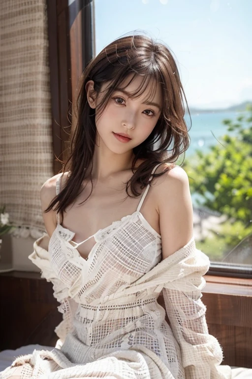 Dark brown hair、Light brown eyes、Japanese actress、 Lady、I am about 40 years old....、(Intricate details:1.2)、(Which is the top????:1.4)、 (Ultra-high resolution:1.2)、Ultra-high resolution、(Finely tuned)、(Detailed facial features)、Hmph、8K resolution、D cup size breasts、Long Hair、Updostyle, Updo、Hair Bun、1 Girl, Deep sorrowの表情, (Very detailed美しい顔), (camisole:1.5), (Bare shoulders:1.3), (Highest quality:1.4), (Very detailed)、Beautiful fair skin with transparency,  Are sleeping、Sleeping on the floor、Top View、 Spread your legs wide, Please open your mouth a little、Her legs are visible through the dress、Deep sorrow、Pose of Weakness、Obscene pose、White floor、White wall、The morning sun shines in、Sleep on your side。