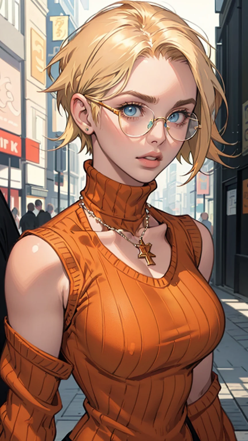 (masterpiece, Highest quality) One girl, Ashley Graham RE, alone, chest, View your viewers, short hair, blue eyes, shirt, Bare shoulders, jewelry, medium chest, Green Eyes, Upper Body, Blonde, parted lips, No sleeve, necklace, sweater, lips, turtleneck, Bobcut, ribbed sweater, Realistic, nose, No sleeve turtleneck, orange shirt, orange sweater,Remove your glasses,