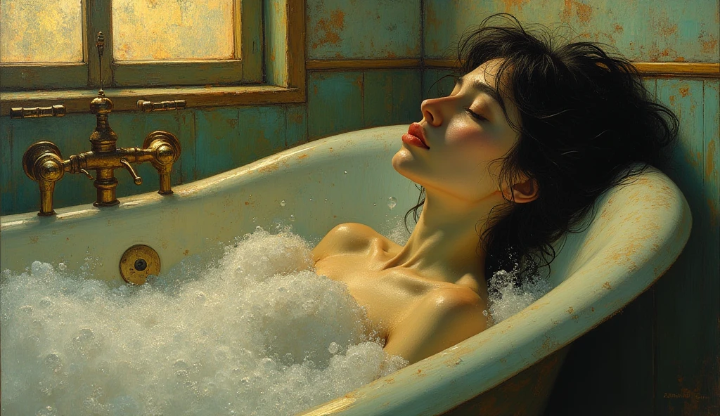 (masterpiece) situation in the soul, 1 woman sitting in the bath, clear water, naked body video, pose of relaxation and tranquility, A smile on his face, (glass in hand:1.4) cognac, an ethereal and beautiful Hugo Boss model from the 1940s., Beautiful painting with a very detailed face by Alphonse Mucha., Craig Mullins, Greg Rutkowski, Magali Villanueva, (the most beautiful picture), (Without clothing:1.3), the whole body is visible, Perfect Body Shape, view from waist level, (extreme close-up 1.5), chic shower room with bronze elements