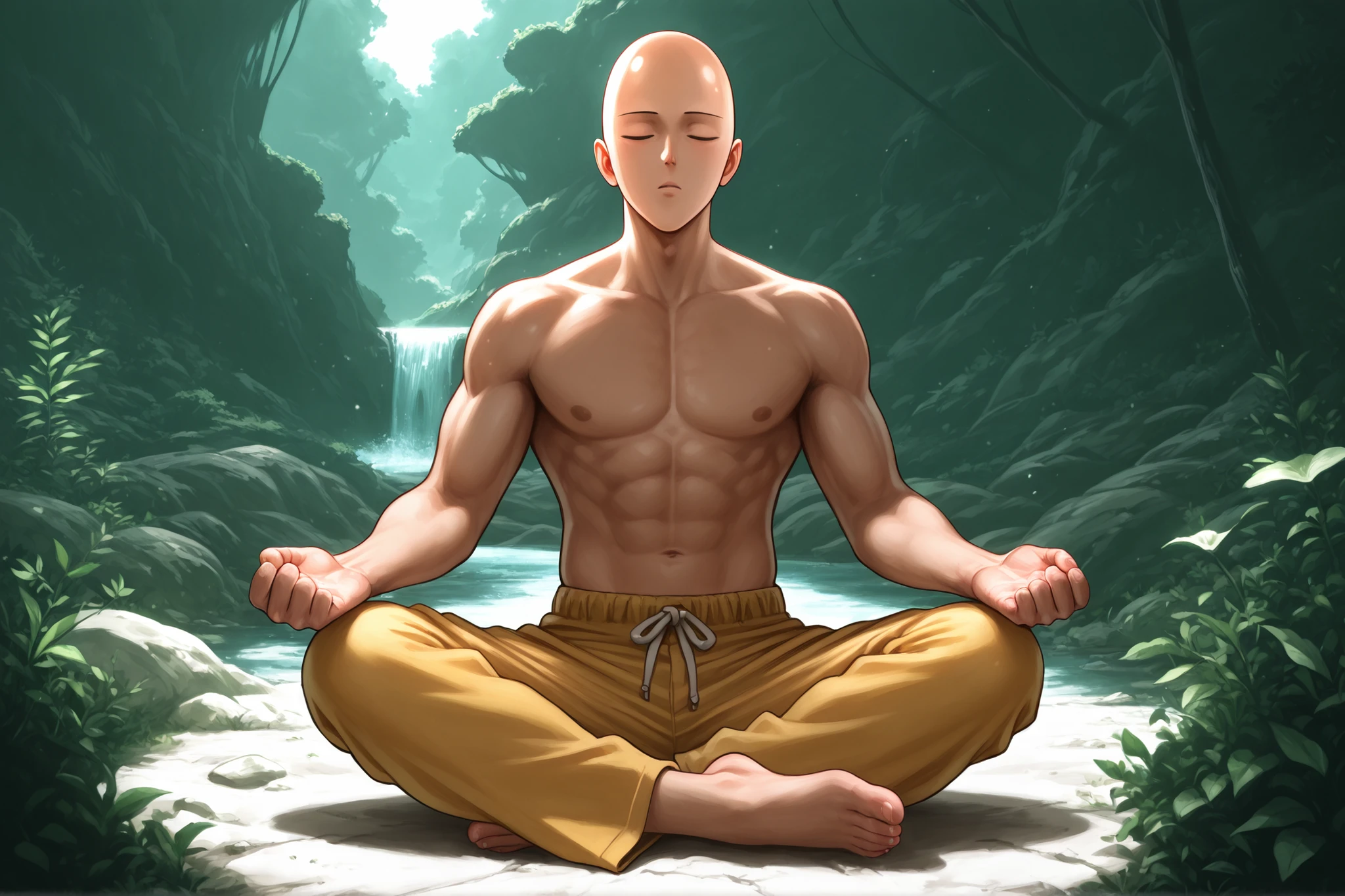 Ghibli-style morning routine of the character Saitama from One punch man, shirtless but wearing trousers, meditating with eyes closed in a calm environment in his solitude, fit and ripped body. Masterpiece, 8K quality 