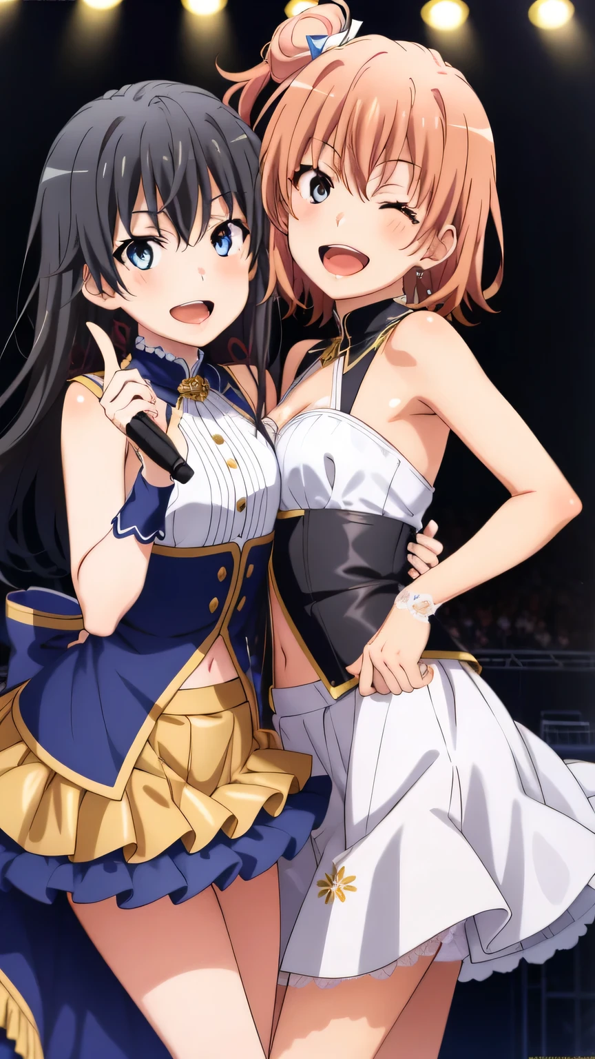 ((masterpiece、Highest quality、Official Art))、snap shot、Idol Concert、Concert Stage、(3人のcute naked girls、12 years old、smile、sing、dance、Ribbon headband、Ultra mini skirt:1.2、Idol Costumes:1.2 )、Exposing the breasts、Hair of different colorr.々Hair style、(((Full nudity、Pussy、cute)))、(Sweat a lot、Glowing Skin)、Anime key visual, ((The characters are unique))