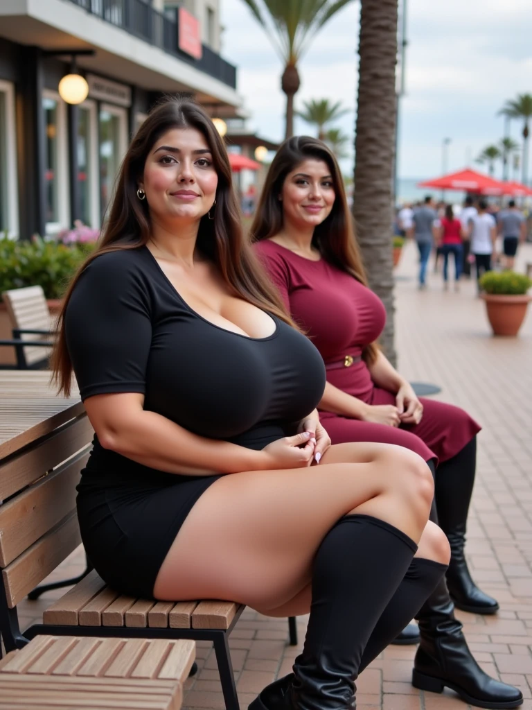 Woman with huge breasts in cleavage walking down the street