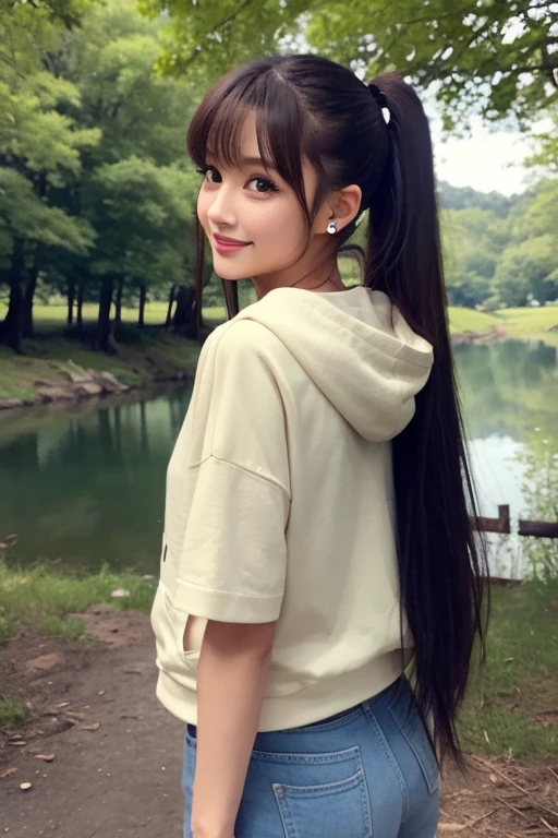 (Highest quality, 32k, High resolution, Masterpiece:1.5, ), marimo_jet, god々A photograph with brilliant dazzling and healing power., Evoking a sense of calm and elusive beauty, Expressing emotions, Have a rich imagination, (A narrow rural road stretching to the horizon), Nostalgic scenery of youth, Beautiful Japanese Girls, An exceptionally beautiful face, Small Face Beauty, Perfect Human Anatomy, Magical big eyes, Motherhood and generosity, Deep Love, fleeting smile, ((Shiny brown hair:1.1)), ((A beautiful ponytail swaying in the wind)), Asymmetrical bangs, Hair between the eyes, Transparent, soft white skin, Sharp eyebrows, Thin lashes, Natural Makeup, Cheek highlighter, Pale pink detailed lips, ((White zip hoodie:1.2)), Slim figure with ample breasts, High resolutionの美しい太もも, The morning sun pours down, Beautifully detailed skies, Professional Lighting, Professional photographer, Professional models, God's Secret