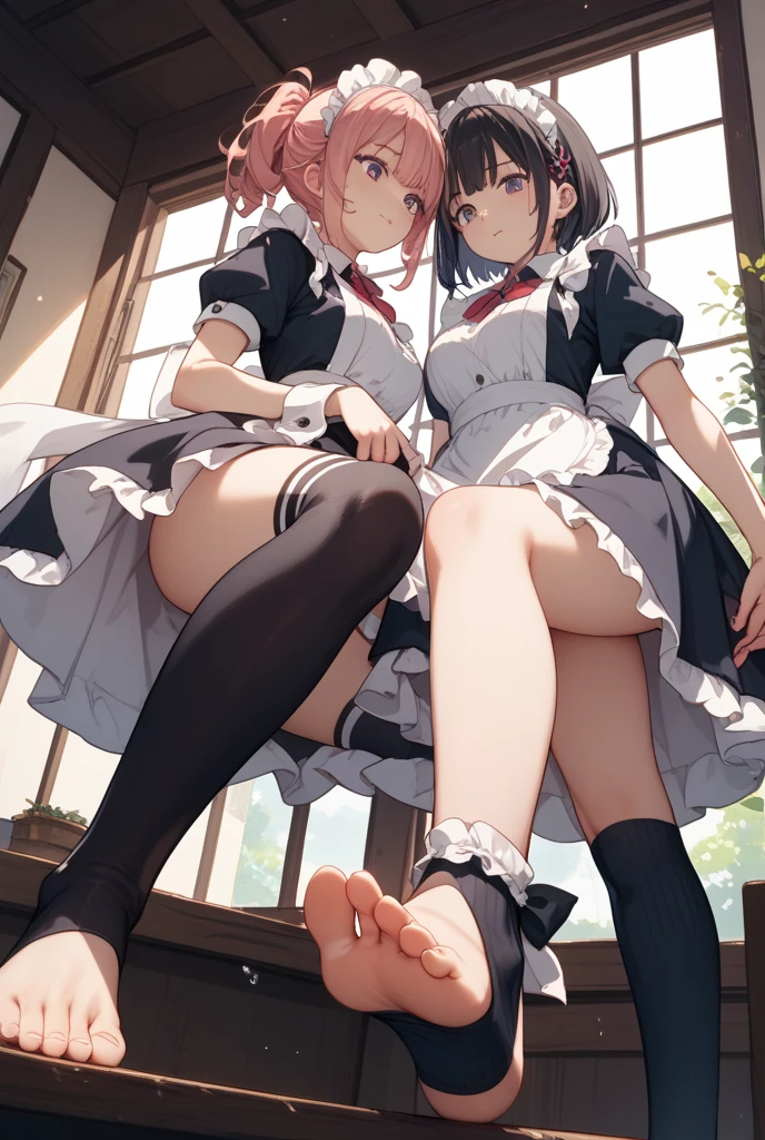 Two Girls、Maid clothes、Are standing、Please lift your skirt、Blushing、Front view、Cum dripping from between her legs、Futanari