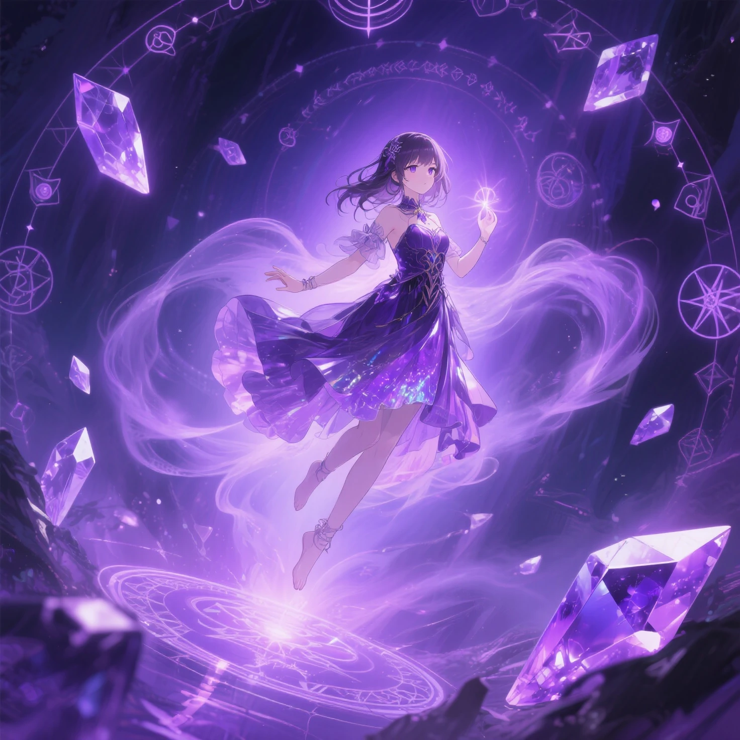 A girl is dancing acrobatically in the starry sky, surrounded by constellations, on black background, white stars and lines forming constellations around her silhouette, light art installation style, high resolution, dreamy effect, fantastic scenery, minimalist design. --ar 3:4 --niji 6, A vibrant, detailed digital painting of an enchanted room filled with magical blue and purple crystal objects, tarot cards, amulets, runes on the walls, shelves, tables, couches, windows, magical artifacts like glowing crystals, ornate wooden furniture. The color scheme is vivid and striking, creating a dreamy atmosphere. colorful illustrations, highly detailed, high resolution, natural lighting, sharp focus, highly detailed illustration, high definition, in the style of octane rendering, hyper realistic. --ar 3:4 --niji 6, ((32k)), ((best quality)), ((ultra high res)), ((HDR)), ((UHD)), ((extremely detailed CG)), ((unity 32k wallpaper)), ((illustration)),