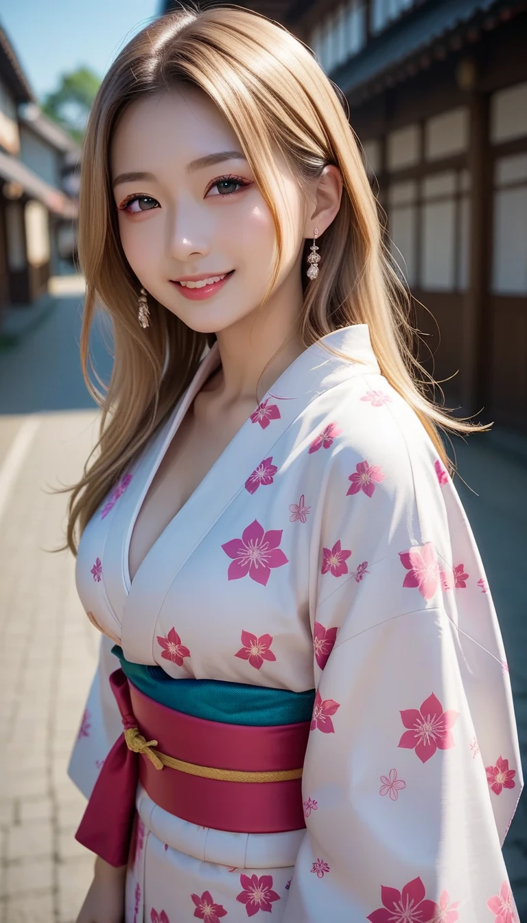 masterpiece, best quality, highres, 1girl, blonde hair, medium hair, asymmetrical hair, floating hair, hair between eyes, high ponytail, sidelocks, hair ornament, fish hair ornament, tassel, kanzashi, bangs, orange eyes, open mouth, smile, teeth, upper teeth only, choker, red choker, pendant choker, butterfly choker, collarbone, tattoo, chest tattoo, flower tattoo, cleavage, medium breasts, thighs, bandages, bandaged leg, sarashi, budget sarashi, chest sarashi, black sash, hadanugi dousa, houkisei, japanese clothes, kimono, kinchaku, obi, obiage, obijime, orange kimono, pouch, print kimono, rope, sash, shimenawa, short kimono, single bare shoulder, vision (genshin impact), east asian architecture, cherry blossoms, full body, arms behind head,