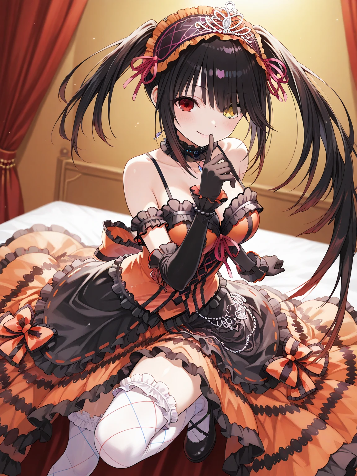 KurumiBase, (clock eyes), heterochromia, twintails, hairband, red dress, frills, detached sleeves, frilled choker,Lying down,bed,Blushing,View your viewers,Open Mouth Smile,Face close up,Simple Background,,best image quality,highest quality