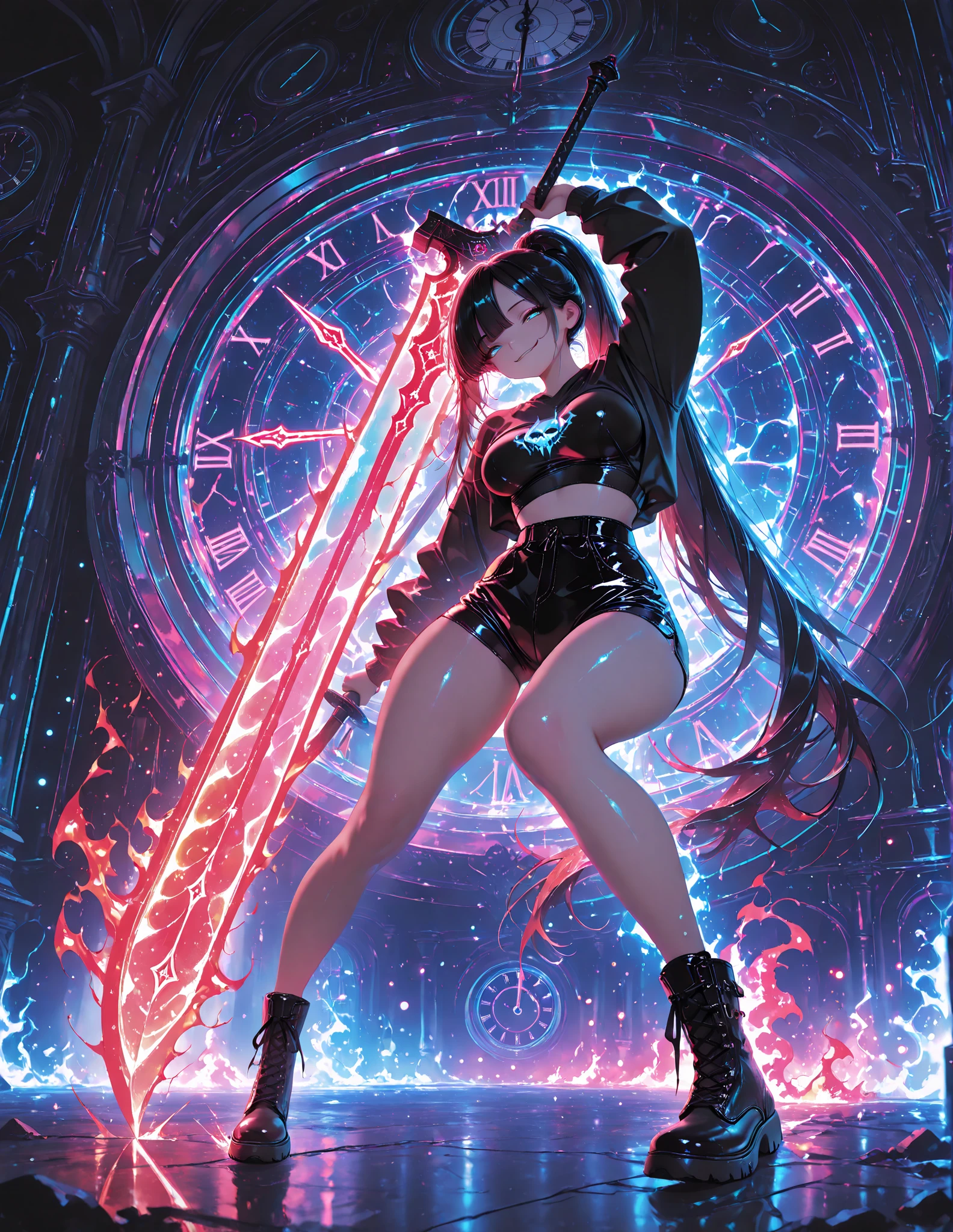a futurista female warrior holding a katana, (pele finamente detalhada), pale skin, (in a deep neckline highly detailed sexy futurista cyberpunk black crop top and underpants made of circuit boards, palavras japonesas com efeito de reflexo, beautiful epic composition, futurista, obra de arte, atraente, posando para uma foto