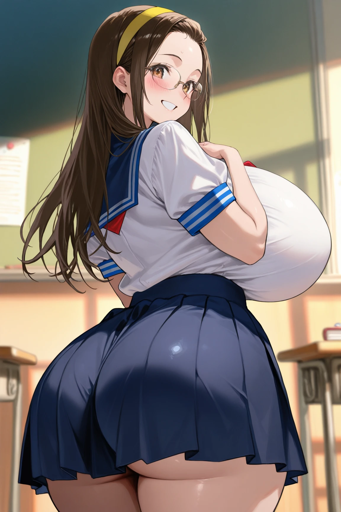 (8k, RAW photo, best quality, masterpiece, soft cinematic lighting, soft color:1.4),{ceiling,( POV,look at me:1.5),face focus:1.5}, (realistic), (indoor background), (solo, mature woman,19years old:1.3), (sailor uniform,underboob,low-cut miniskirt,sheer :1.3), (embarrassed,red Cheeks:1.25),low twintails , bronze color hair, clean skin, (smaller butt:1.2),(pointy sagging huge long wide heavy breasts:1.4), (thick, curvy:1.3),(very skinny:1.3)