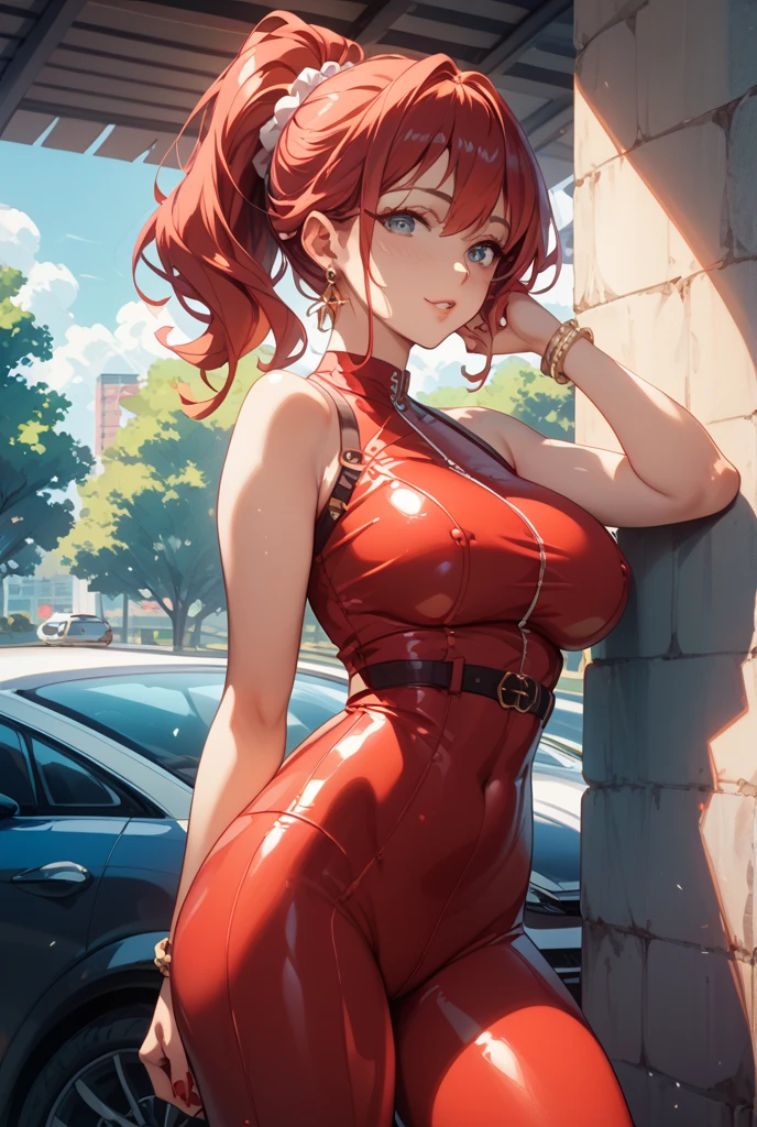 Asuka Langley in a provocative pose at a military base. looking at the viewer, smile, twin tails, blush, breasts, masterpiece, The best quality, necessary, Alta resolución, Senos grandes, NSFW