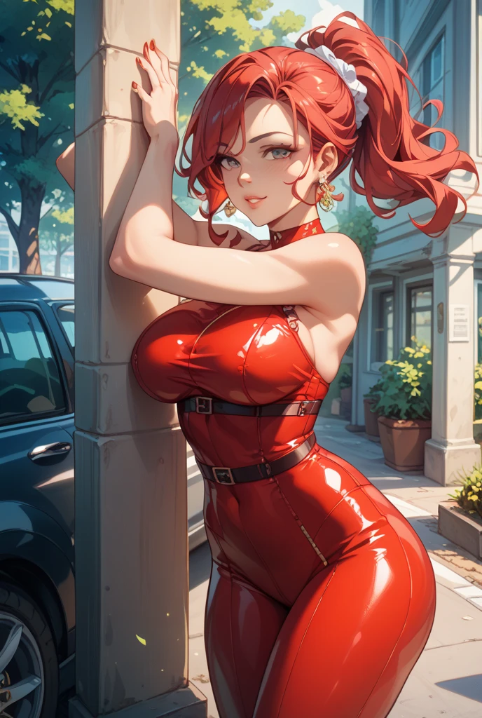 1 girl, single girl, cute, long red hair, light blue eyes, big breasts, big hips, short sequin dress, at night, luxurious apartment