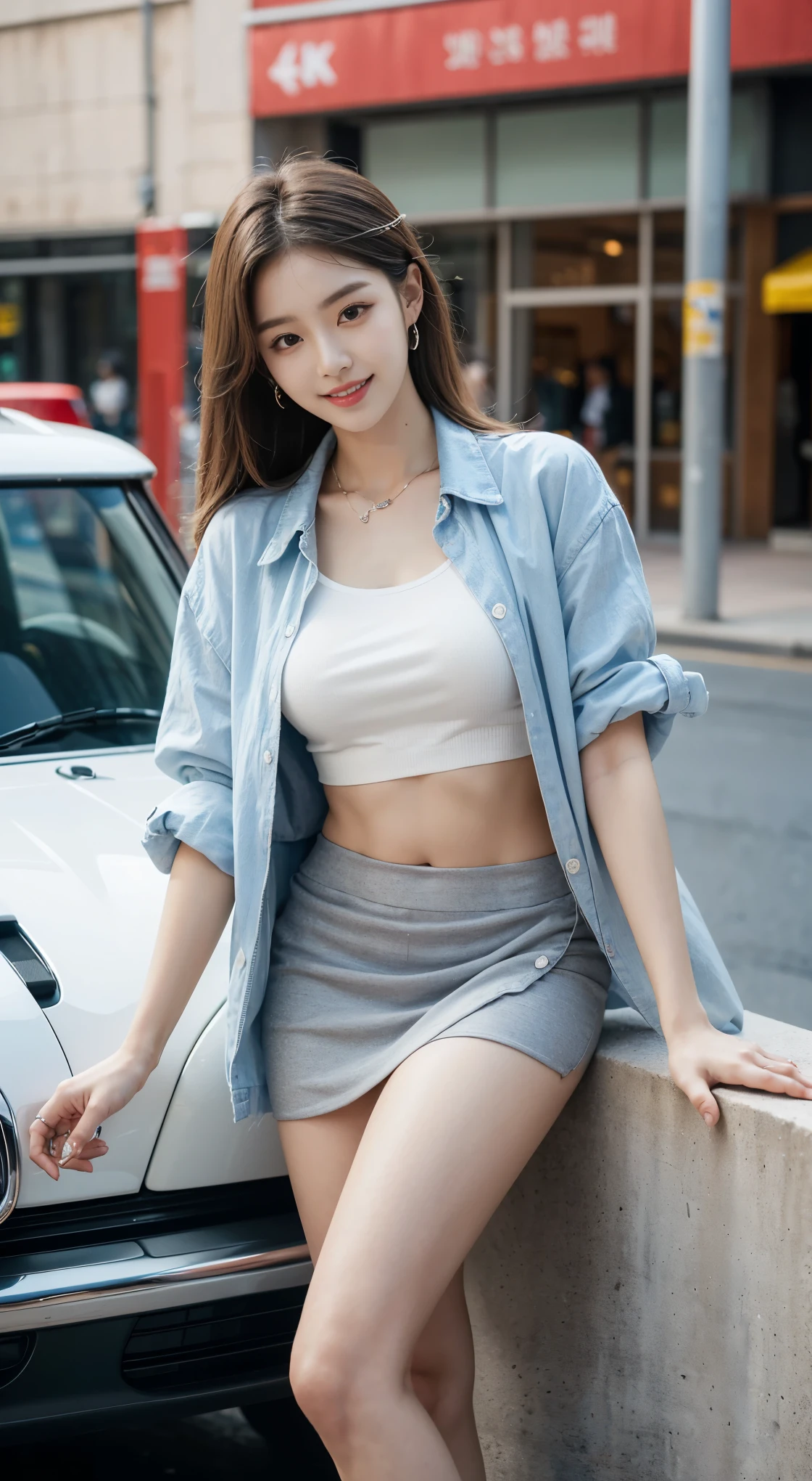 big underboob, (shoulder-length straighthair: 1.2), Black hair,Short ponytail，Upper body, （Extremely meticulous CG 8k wallpaper），（Extremely refined and beautiful），（Masterpiece），（best qualtiy：1.0），（Ultra High Resolution：1.0），beautiful light up，Perfect lightning，realistic shaded，[A high resolution]，Smooth and flawless fair skin，Extremely exquisite facial details，（perfect body：1.1），ultra - detailed，A beautiful girl，small head，(big breasts:1.1)，Flat chests，big hips，slim，thin，Smile，cheerfulness，collar，（light blue long sleeved suit shirt:1.1），（Black shorts：1.1），White sneakers，Summer，Morning，sitting in a spacious private car，A female driver，Place hands on the steering wheel，driving car，Wearing glasses, looking forward，Close Shot，