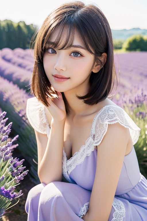 (crouching), (best quality: 1.5), (realistic: 1.5), (1 person: 1.5), (very detailed), (high resolution), 8k, (wearing a dress with lace), (poor Breasts), Natural colored lips, Cute smile, 20 year old girl, (Beautiful and detailed face), (Perfect and beautiful face), (Big eyes), (Beautiful and detailed face), (Beautiful and balanced eyes ), perfect and beautiful double eyelids, perfect and beautiful face, arched eyebrows, thin eyebrows, small face, (slim body type), beautiful and thin nose, beautiful skin, (medium bob hair), bob hair, natural bangs, fair skin, Front light, (lighting the face), deep blue eyes, slender waistline, (hills full of lavender), (slim legs), lavender fields, cleavage, slim thighs,
