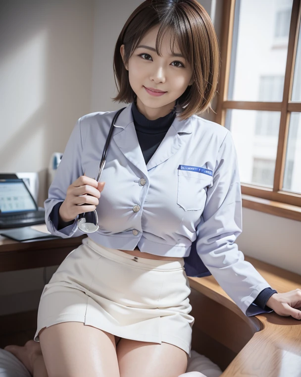 (scissors:1.5,hand up:1.5),(Wearing a light-colored shirt:1.5),A hair salon with chairs lined up,(The skin is wet from sweat:1.2),beautician,looking at the camera,Cleavage,smile,skirtリフト、skirtを手で上げる,woman, 20-year-old, Short Hair、bangs、(skirt),(White lace panties)、Cute earrings,Natural lighting