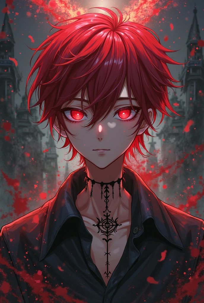anime character with dark red hair and investigator clothes and a mask with a question mark with glowing eyes and terror with a scythe and helplessness that is an adult and has destroyed bodies inside and that has the hair of a Japanese and that is 100%100 man but he must be a young adult