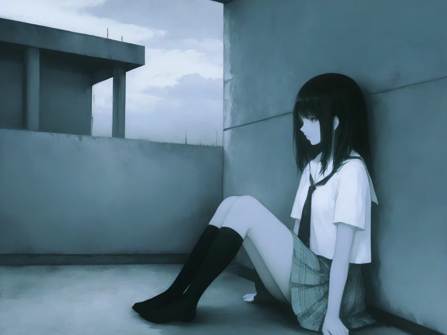 Female student in white thigh-high stockings standing on a chair with a noose to hang herself 