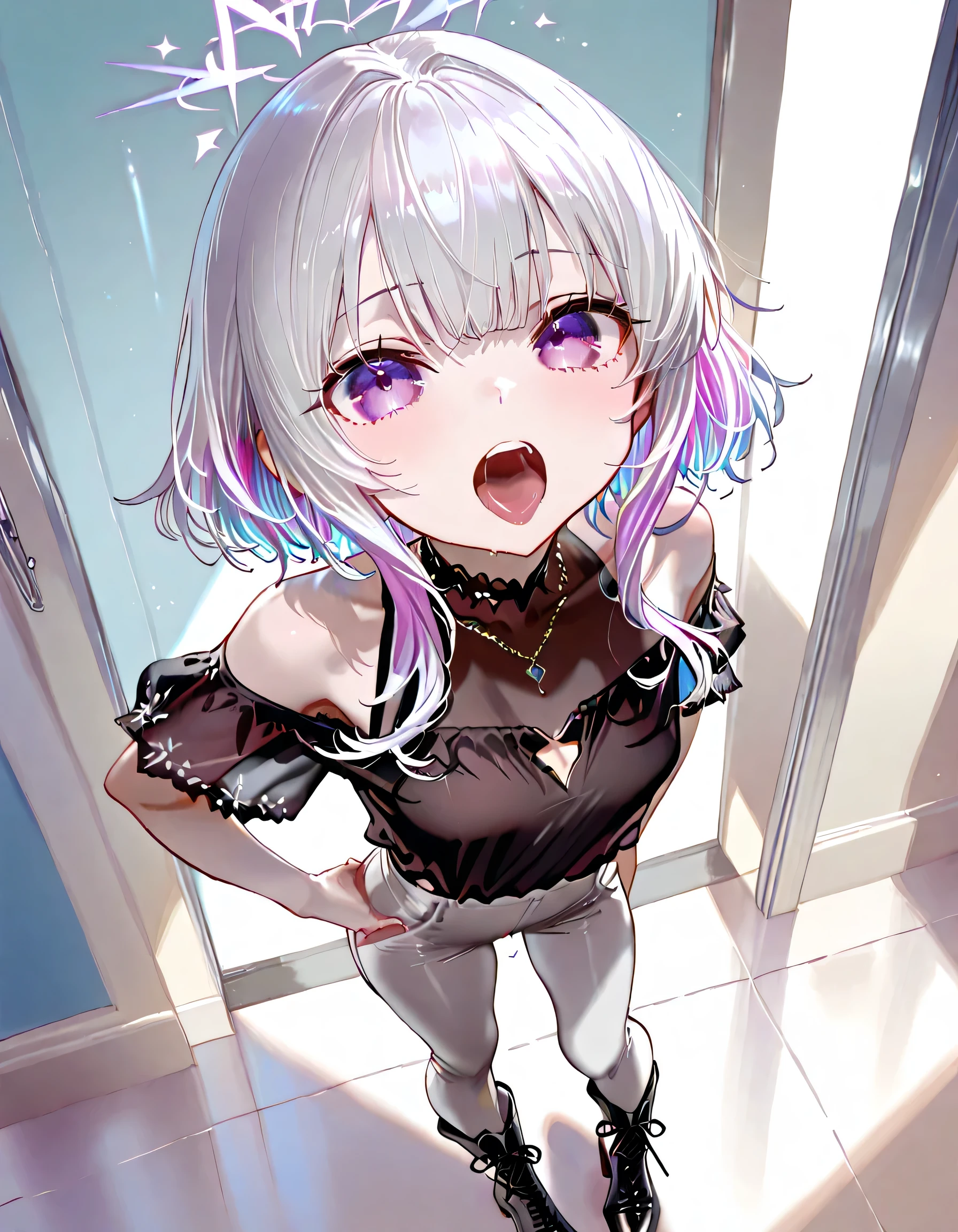 womanhood、Height 165 cm、Model Body、thin macho、Light purple inner color hair、magenta mesh hair、The skin is pale、black shirt、cool、 neutral、cool、Center-Parted Bangs、 genderless、short hair、silver hair、Light Red Eyes、若いwomanhood、A woman alone 、Full Body、Standing picture、front、off-the-shoulder tops、 light gray skinny pants、short boots with heels、open your mouth、Standing picture、front、 depicting up to the toes 
