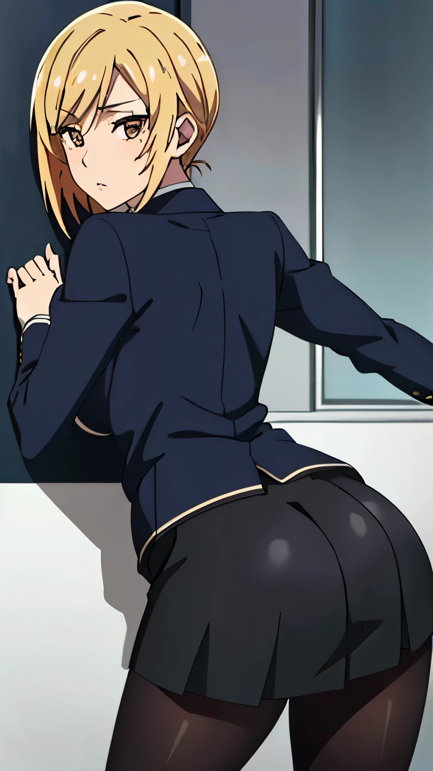 (masterpiece, best quality, high resolution, 8k:1.2), (anime coloring:1.2), highly detailed, beautiful eyes, perfect eyes, fine eyes, brown eyes, featuring big highlights, detailed face, highly detailed, fine eyes, symmetrical eyes, highly detailed, perfect face, beautiful eyes, perfect eyes, detailed face, highly detailed, symmetrical eyes, beautiful face, perfect body, beautiful body, beautiful , 1girl, solo, nffsw, ( back pose, , wall), (office lady suit, dress shirt, ((skin tight skirt)), black tights), (), looking at the viewer, in the center of the image, (cowboy shot), dutch angle,