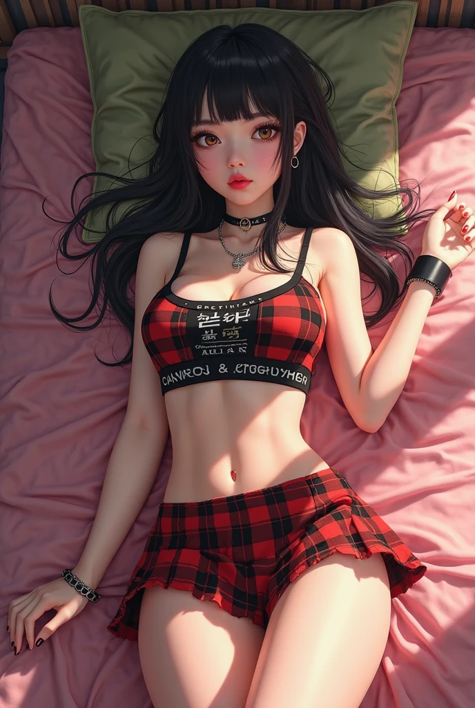 Rosé Park from Blackpink with black hair, light eyes, with fishnet stockings, a top and a plaid skirt 