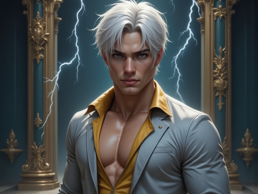 Hombre con pelo largo y liso y blanco., piel clara y sin camisa, algunas runas doradas marcadas en el lado derecho(Brazos derechos y pecho.). Ojo izquierdo amarillo y ojo derecho blanco.. Aura divina
