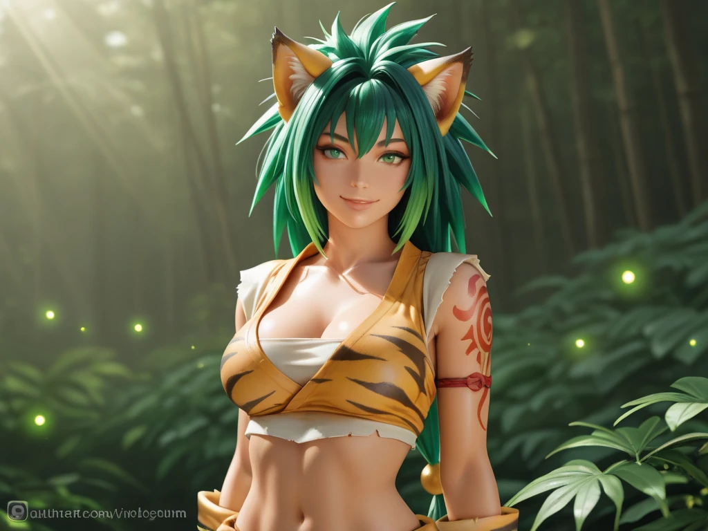 Green haired、Tiger Bikini Demon Girl、Spaceman、Flying in the sky