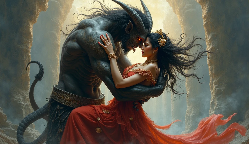 (best quality,4k,8k,highres,masterpiece:1.2),ultra-detailed,(realistic,photorealistic,photo-realistic:1.37),A terrifying horned demon passionately entwined with an enchanting human girl, (NSFW:1.3),soft lighting,gothic style,fine detail,dramatic shadows,vivid colors,sensual atmosphere,detailed facial expressions,demonic features,delicate skin texture,mesmerizing eyes,wisp-like tendrils,sharp focus,supernatural scene,hauntingly beautiful