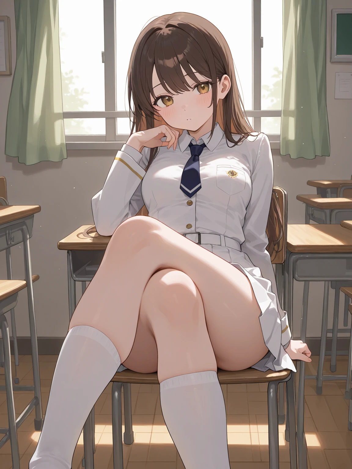 high detal,high high quality,tmasterpiece,(Large breasts)),Impatient pet pose,School Classroom,legs are open,is shy