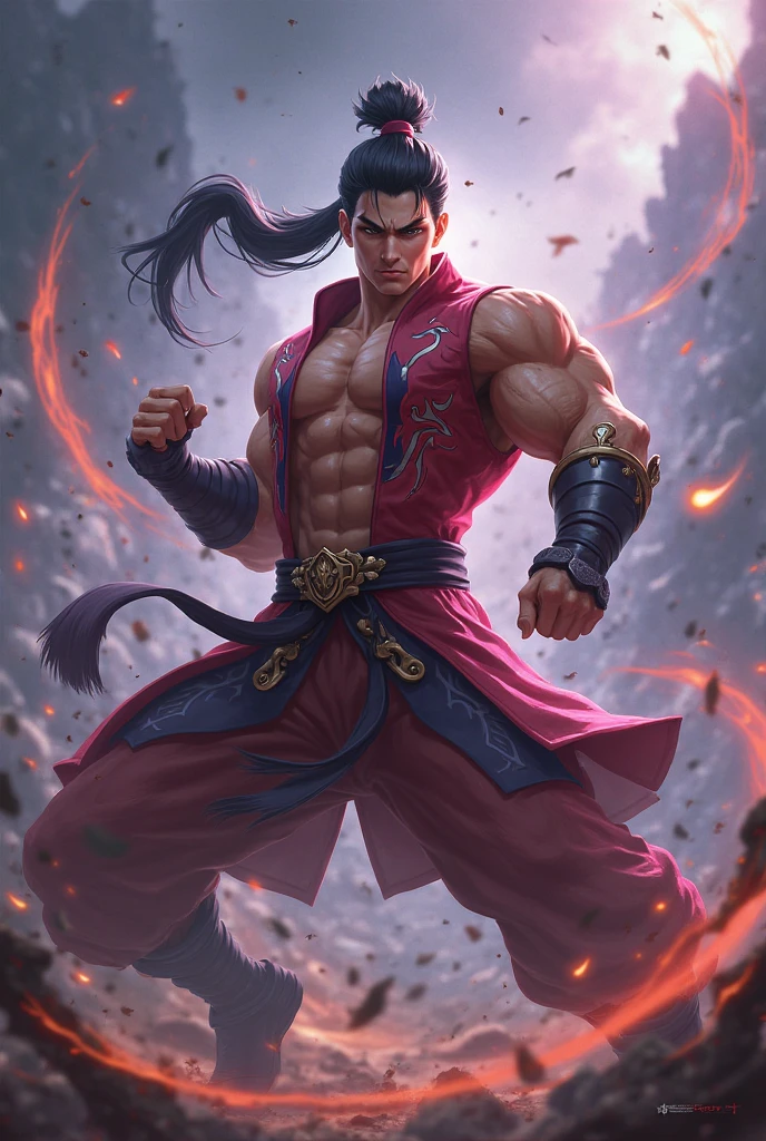 Oriental man, Cao Cao, brawny, straight black spiky hair, wearing a red headband, wearing a white karate gi, sleeveless, quite dirty, karate black belt, face with short, scruffy beard