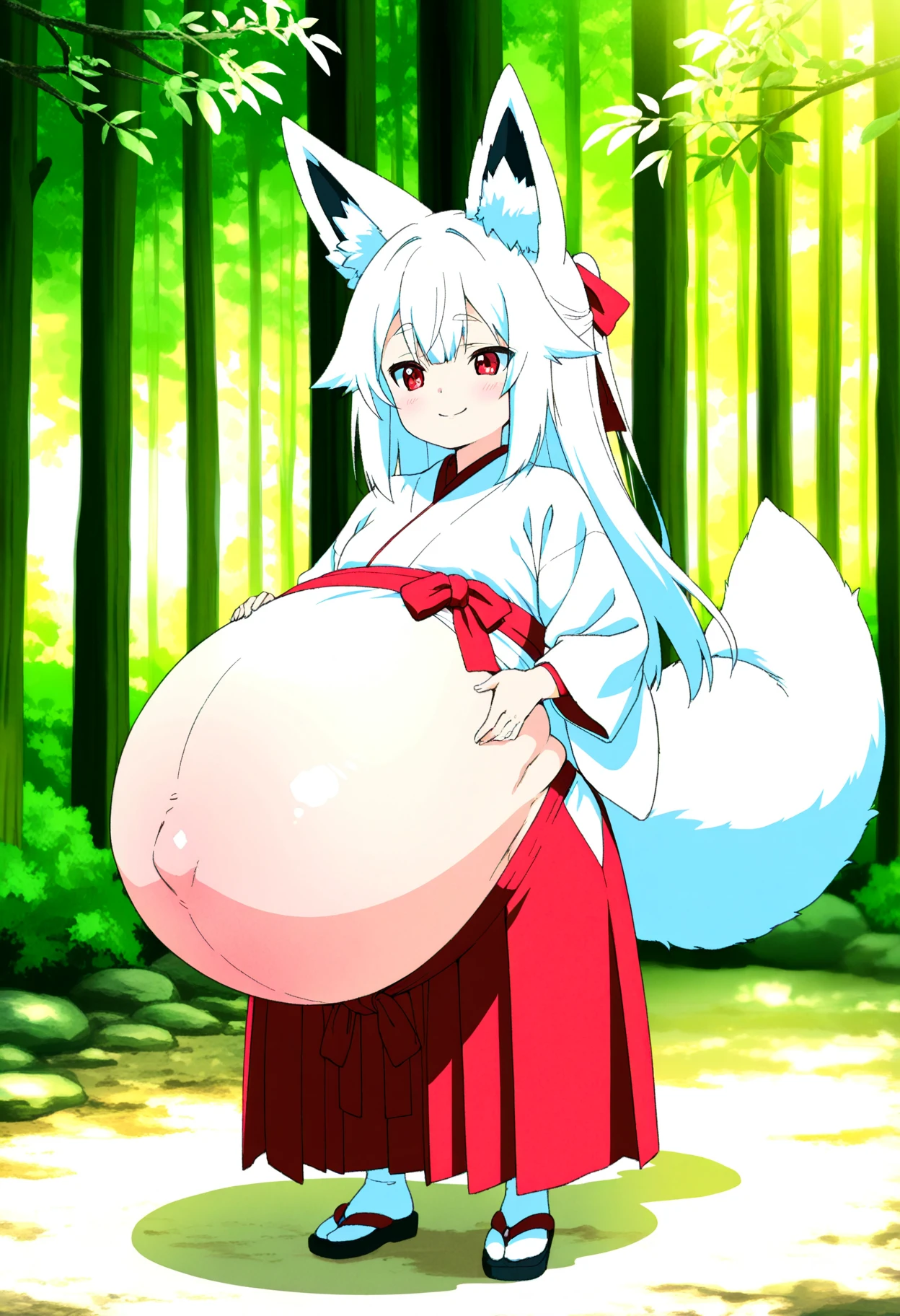 top quality, best quality, by yamame513, High-quality illustrations, masterpiece)(kemono, furry anthro), round, 1 female, wolf, Amaterasu, (Okami), model body, furs, fluffy, tail, big breasts, perfect eyes, red eyes, island clothes, body movement, body twitching, pregnant,