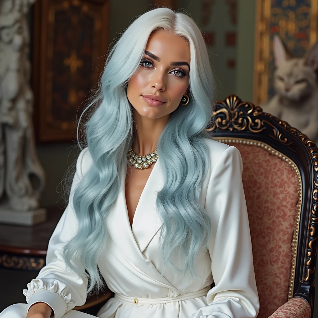 lady gagawoman with long white hair and a blue dress with a flower on her head, Fantasyart style, epic hd Fantasyart style, epic Fantasyart style, Fantasyart, digital Fantasyart, detailed Fantasyart, detailed Fantasyart,best qualityer, realisitic, realisitic award-winning illustration, (Highly detailed texture of face and skin), (whole body), (Complicated Detail: 1.2), (fine-details), (Complicated Detail), (Cinematic Lights, luz de fundo de best qualityer), Sharp lines, sharp focus, offcial art, unity wallpaper 8k, absurdrez, Inacreditavelmente absurdrezo, huge filesize, ultra-, Fantasyart, RTX,((Closing photo of the award-winning studio)), , (get away), , perfect hands, beautiful detailed eyes, face perfect