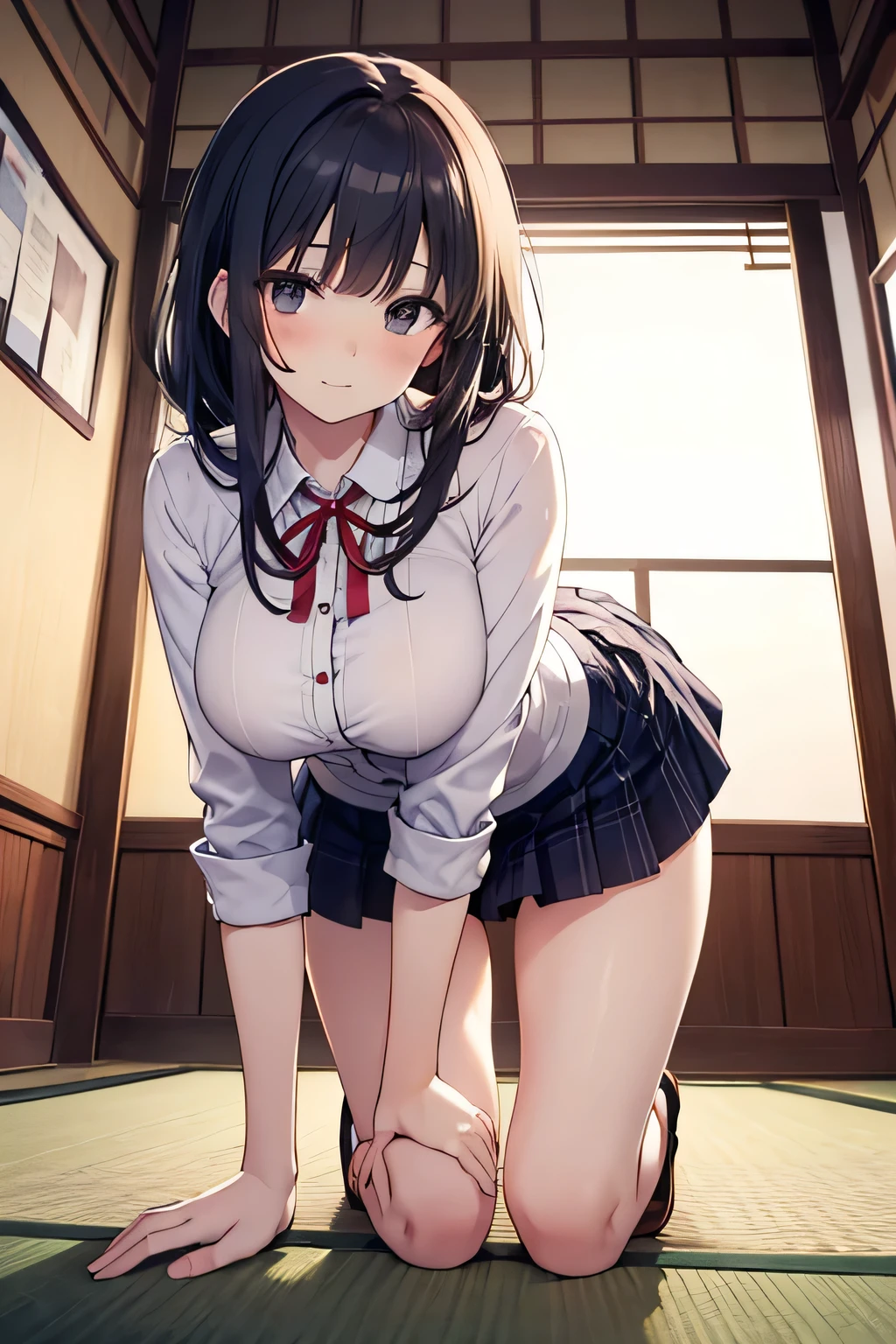 ((masterpiece)), ((best quality)), (ultra-detailed), ((extremely detailed)), 4K, (8K), best quality, perfect anatomy, ((((beautiful detailed eyes)))), (((world-class quality))), photorealistic, extremely detailed, high resolution, (detailed shaded pretty face), (((house wife))), solo, (((sagging breasts))), (((wearing shuishoufu)), glowing detailed skin and hair, white-skinned, (((glistening skin))), (huge ass), kasumi iwato, potbelly, baby face, (half updo),, on the bed, embarrassed, navy blue pleated skirt, spread legs, white socks, red bow , smile, from side, sit astride, straddling,