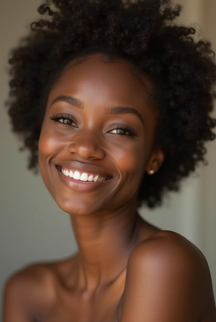 beautiful lady, light freckles, dark makeup, fair, big smile, hyper detailed photography, soft light, full head and shoulders portrait, blanket, curly afro hair tied back, in waistless dress