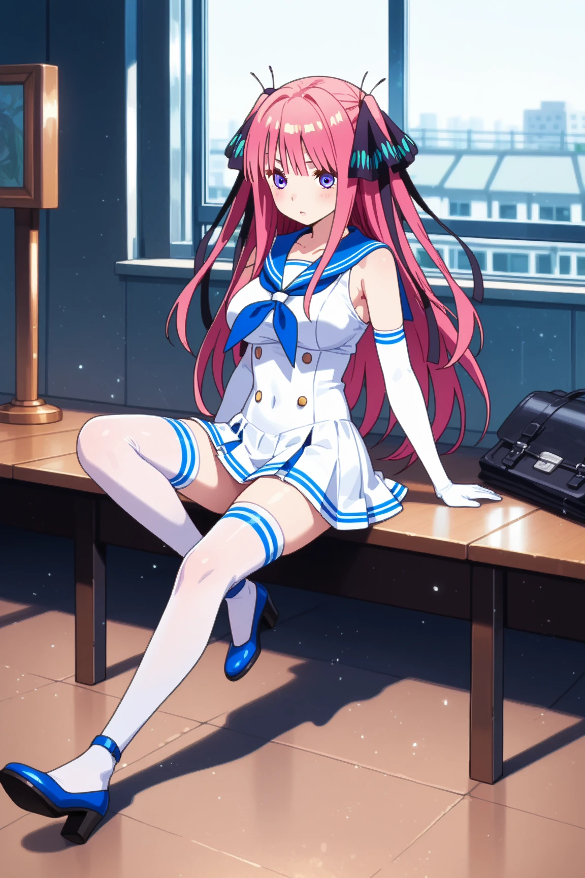 <lora:Komatsu_Eiji_SDXL_V2:1>,amaneka machbuster,1girl,solo,book,blue eyes,long hair,hat,striped,gloves,sitting,chair,socks,fingerless gloves,blush,striped socks,pink hair,reading,crossed legs,kneehighs,necktie,, best_quality,masterpiece,1_girl