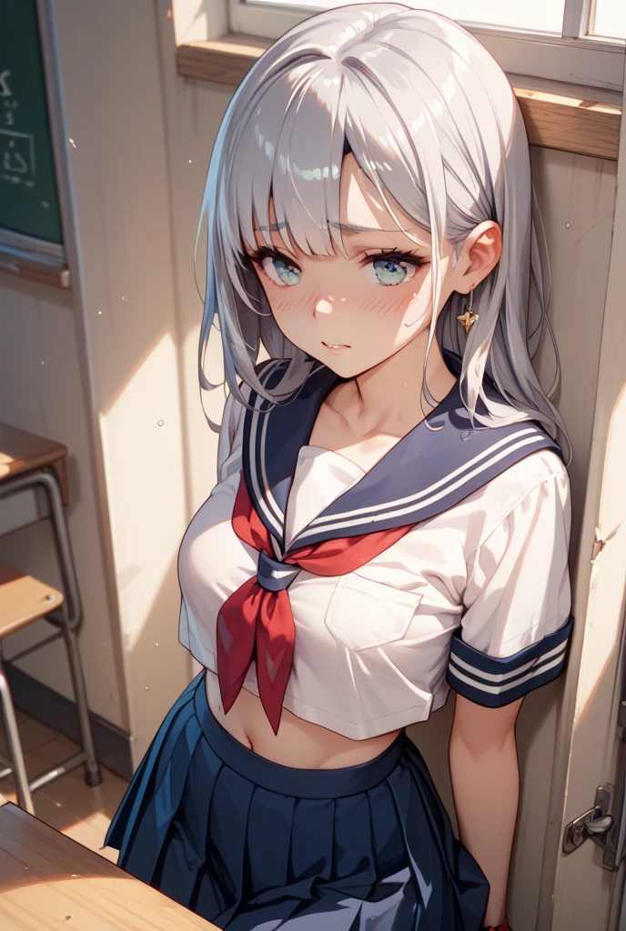 masutepiece、Best Quality、hight resolution、tre anatomically correct、((JK school uniform))、a miniskirt、Classroom、(Vibrant colors:1.2)、(masterpiece:2.0)、onepiece、Uta、blanche、left red hair、right gray hair、Not wearing pants、divine spirit、Flushed cheeks、Beautiful girl in every detail、Body shining with sweat、Wet、Seductive thighs、sexy pose、Hair above one eye、(frombelow:1.5)、Pussy、Female genitals、vaginal、Intravaginal、Expansion