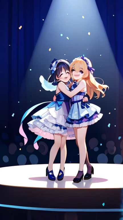 Two girls standing in front of a painting、laugh face、Water droplets on the cheeks、Dance Practice、jumpping、bustup、Eye Up、Flowing iridescent silk、Sunflower petals