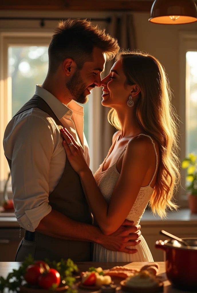 American Instagram model, is portrayed in exquisite detail as she holds her beloved boyfriend, alemao , in a charming scene. The image is captured in high resolution, showcasing the mesmerizing beauty and intricate features of. She is 26 years old, with an innocent face, far away, medium length blonde hair , and captivating blue eyes. naughty man, looking elegant in a formal suit, complements it perfectly. They create a delicious contrast, with model wearing a maid's dress that gives a playful touch to the image, enquanto naughty man veste uma camisa e calças normais. The scene is masterfully framed, with the soft