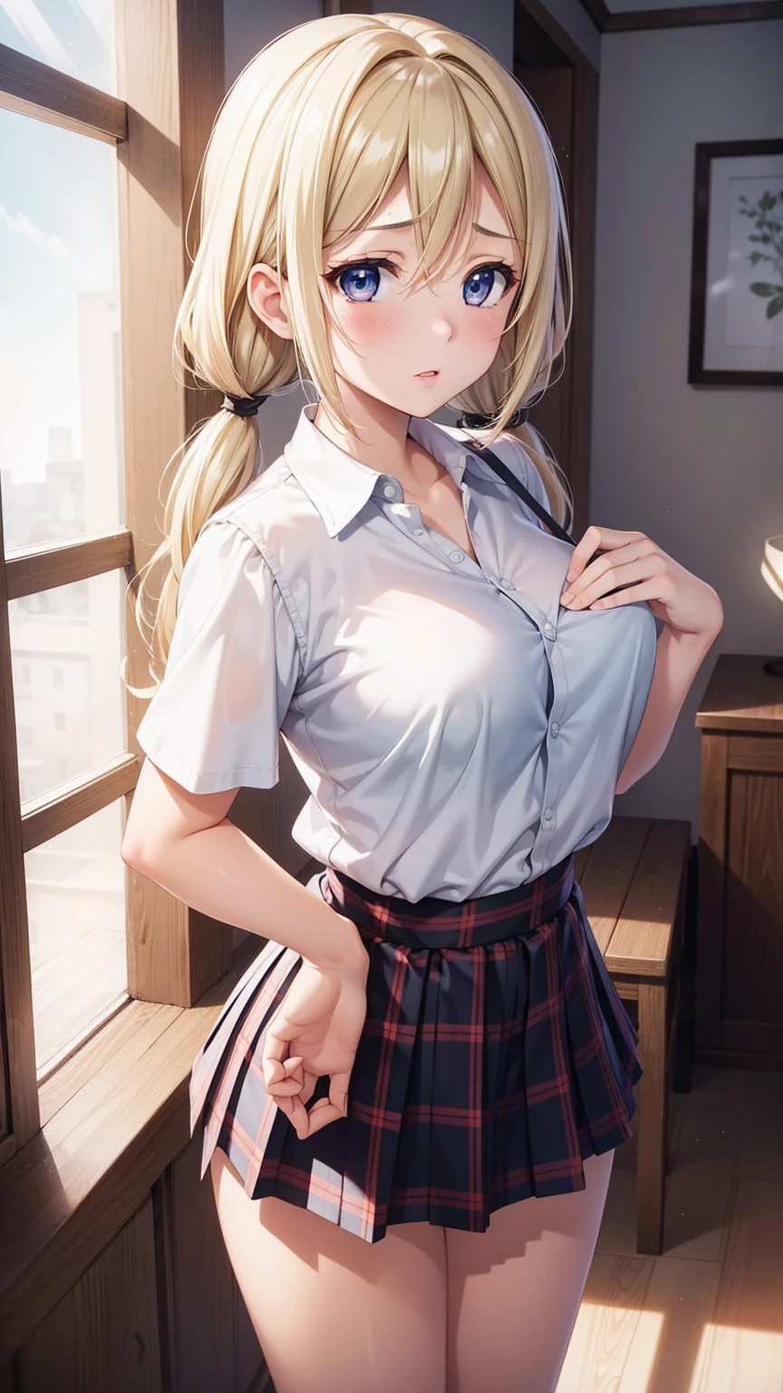 (low noise:1.8),(8k, Super RAW photo, best quality, masterpiece, soft cinematic lighting, soft color:1.4),(looking at camera:1.3),(POV,detaileds beautiful eyes focus:1.3),sailor ,(covered nipples:0.8),breasts,(clothed:1.7), red white uniform,(underboob:1.5), white skirt, white top, red ribbon, golden buttons, golden shoulder pats, young adult, 20 years, (embarrassed,blush:1.5),clear skin,blonde hair,half updo hair, open mouth,(detaileds beautiful brown eyes:1.3), big breast, striking body curves, horny smile, pink lips, tiny girl, cute pose,kneeling, masterpiece, classroom background, school