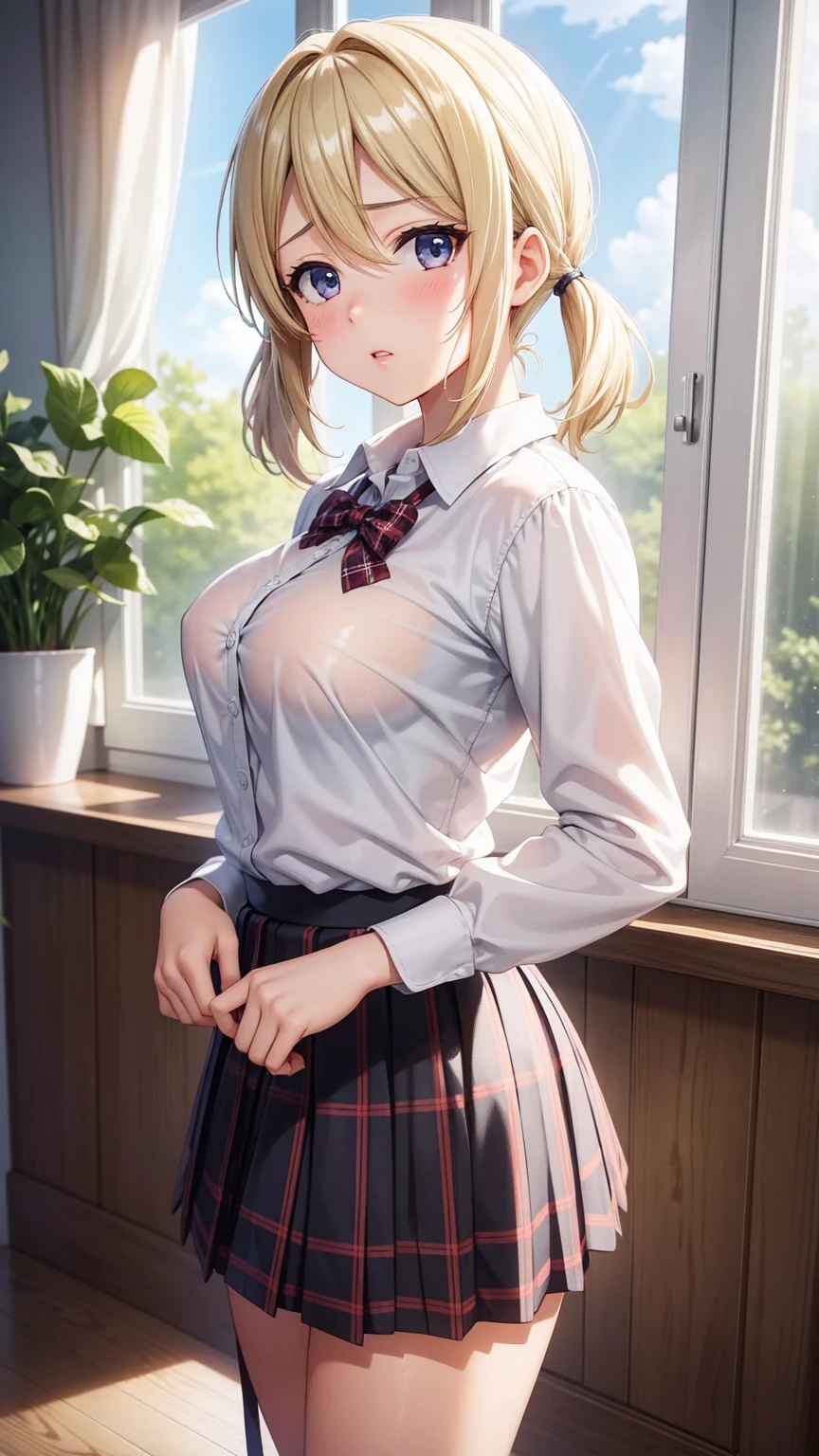 masterpiece, absurdres, best quality, ultra detailed, high Resolution, detailed illustration, bright colour, (extremely beautiful detailed face and eyes, Delicate beautiful face, 1 girl, 18yo, cute face:1.3), (magenta eyes:1.1), sparkling eyes, big eyes, (medium breasts:1.3), (perky breasts:1.1), (pointy breasts:1.1), medium hips, glamorous body, white skin, BREAK, (blonde hair:0.8), messy hair, detailed hair, shiny hair, BREAK (undressed, casual shirt, frill skirt:1.3), perfect lighting, (ecstasy, vulgarity:1.5), (embarrassed:1.3), bed, vagina, shaped legs,