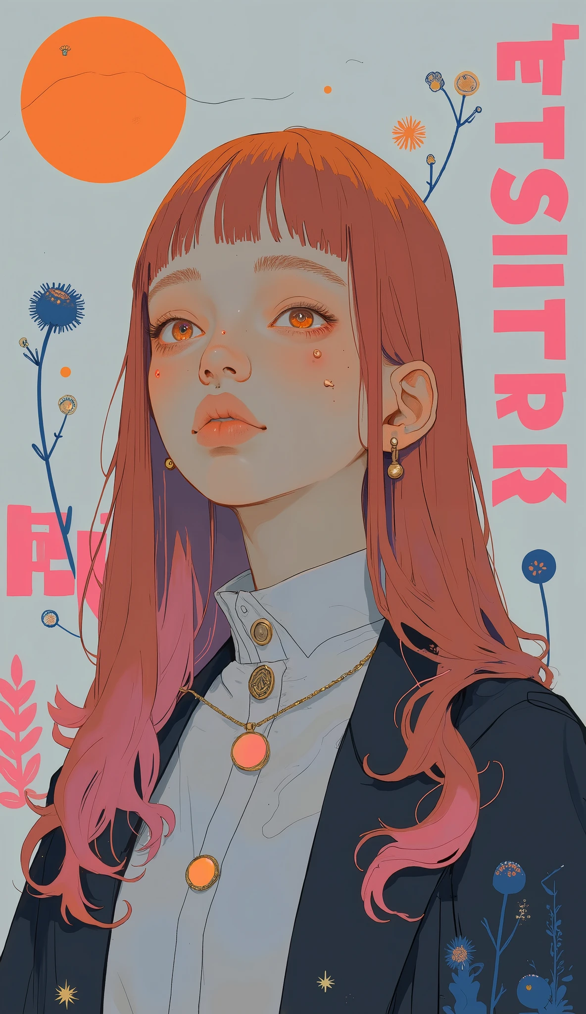 A young woman with light tan skin and long, facing forward, stylish face and decorative motifs. Her expression is neutral and somewhat serene, and she has a small heart-shaped marking on one cheek. 彼女は遊び心のあるグラフィックand最小限のカラーパレット, pastel color design, including stylized faces and decorative motifs. すっきりandしたラインand鮮やかなハイライトが陽気さを醸し出す, reddish brown hair blended with FUKU MONO COL STORE OPEN. Surrounding her are bold pink texts and whimsical drawings against a muted grayish-blue background. text is "Complex" and "Nice clothes," accompanied by sketches of stars and a flower, evoking a youthful and trendy atmosphere, possibly suggesting store advertisement or branding. The clean lines and vibrant highlights contribute to a cheerful, Artistic Ambience.