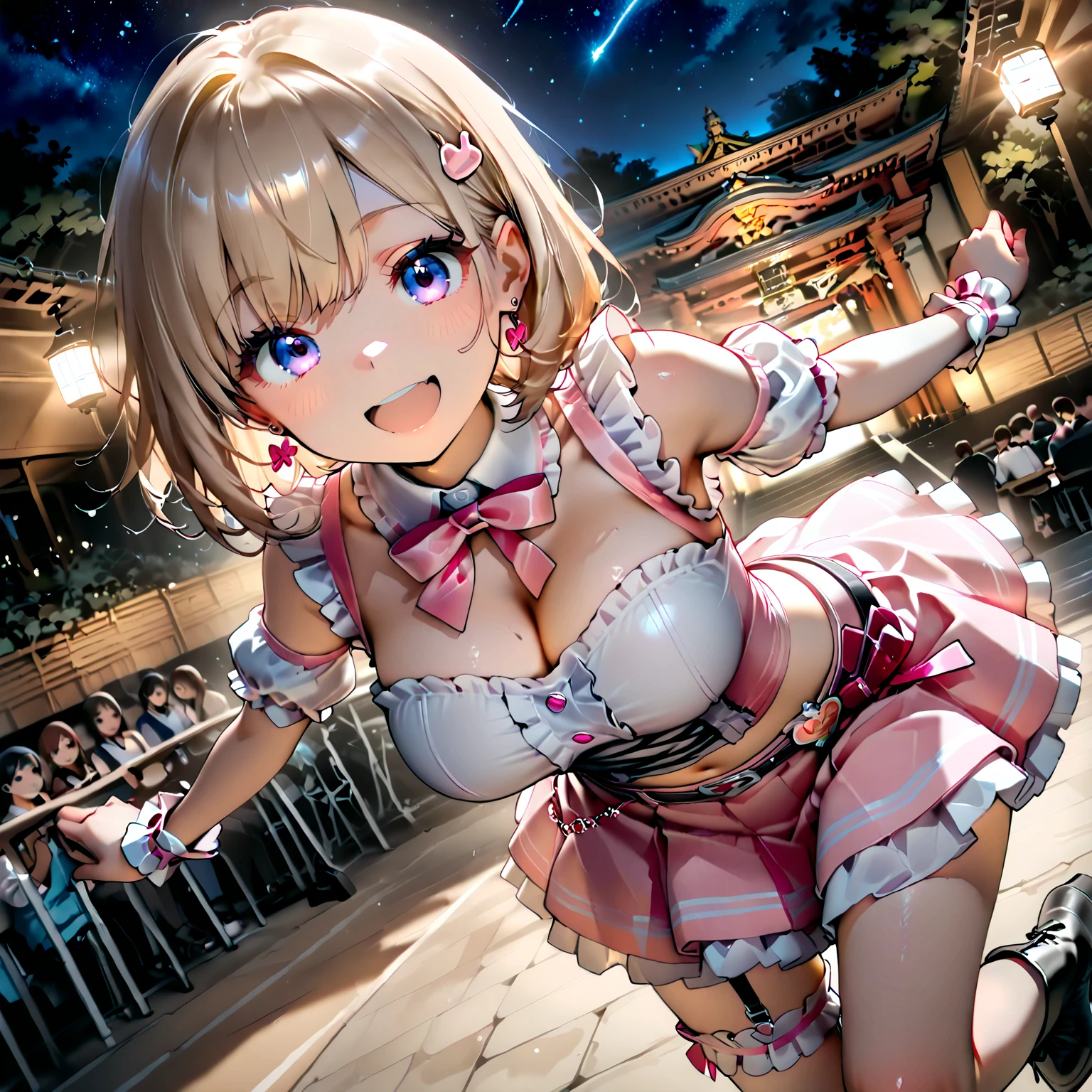 Masterpiece,Best Quality,(Super Detail),Perfect Lighting, Highly detailed CG,Super detailed,(Highly detailed eyes,Very cute face,Highly detailed face:1.3),Beautiful Anime Girl,(Solo Girl),(Super huge boobs:1.9),(Functional,Glamour,sexy:1.9),(Blonde,Medium Short Hair,Braiding,Long side hair hanging down in front:1.5),(Big light blue eyes),(Very happy smile:1.5),break,(Cheerleader Costumes,Cleavage,Open-chested clothing,belly button,Groin,Pink micro mini skirt,Showing off panties:1.5),Stadium,Audience seats,(Stretch one hand up,Dynamic Pose,Angle from below:1.5)