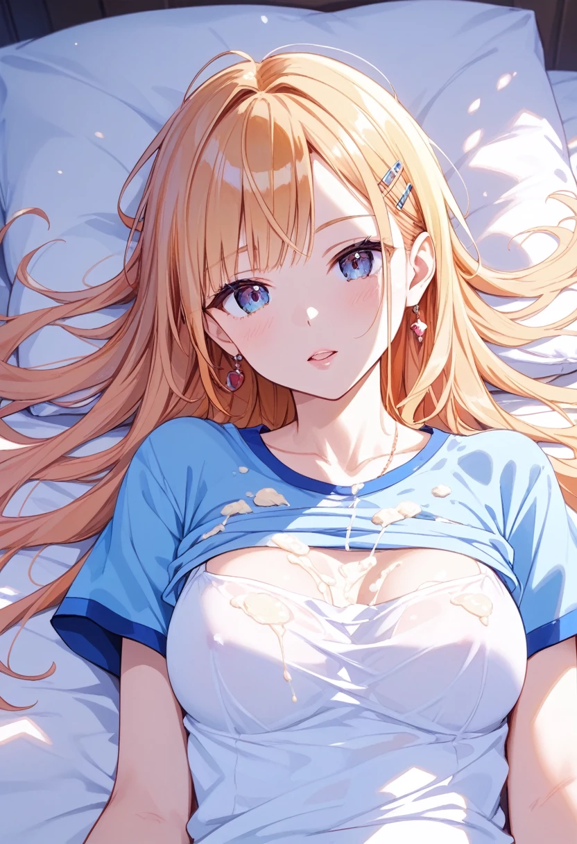Portrait, official art, best masterpiece, best quality, best resolution, 8K, best detailed, (perfect anatomy:1.3), (looking at viewer)
BREAK
(looking at viewer, standing, from above)
BREAK
aizawa ema, long hair, gradient hair, blond hair, hair ornament, earrings, blue eyes, (large breasts:1.2), solo, 1woman, (white shirt), naked shirt, shirt tug, Nipple Erect
BREAK
(blush:1.2), (shy smile)
BREAK
on the bed, (night), (Dim lighting), very detailed 16KCG wallpapers