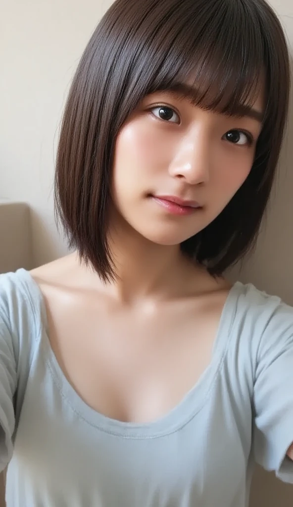 White wall、Brown T-shirt、Medium Short Hair