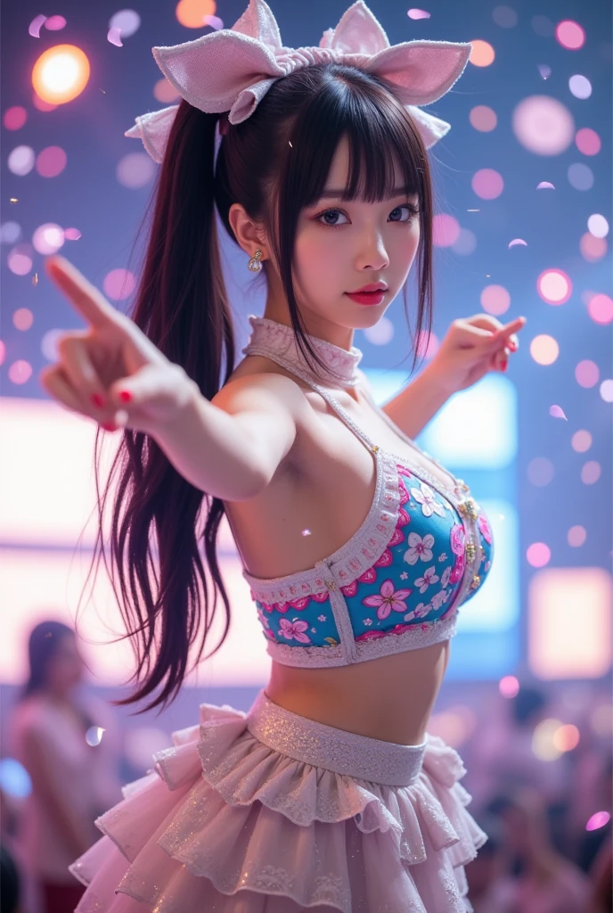 (The background is the stage of the idol:1.5), (Photo of an idol of a Japan girl smiling affectionately:2.0), (Photos of her from head to chest:2.0), Bold angles、Dynamic angles、(look at viewr:2.0), (8K, Raw photo, a award winning photo of a beautiful, 超A high resolution:1.5), Sigma Lens 50mm f1.8, Shutter Speed 1/2000, One Japan Idol, Cute, 3D, (Big breasts:1.3), (Accurate depiction of the clavicle:1.0) , (look at viewr:2.0), (Sweet smile:1.5), (Her eyes are squinting affectionately:1.5), (Her lacrimal sac is affectionately bulging:1.5), (the corners of the eyes rise affectionately:1.0), (zora々Glowing skin:0.5), (Shining eyes:1.5), (Shiny hair:1.2), (Beautiful shiny lips:1.5), (Wearing a tank top with a wide chest opening:2.0), (Backgrounds with a variety of beautiful elements:1.5), (Detailed backgrounds:1.5), Her stage is、It is a huge dome-shaped venue of the future decorated with a large screen and colorful lighting。On the screen、Idol name or song name、The fan message is、Projected using high-tech laser and hologram technology.。Lighting is、Change colors and shapes to match the tempo and mood of the song.。At the venue、About 100,000 fans full.、Penlight and Fan、We will support idols with towels.。Fans sing along with their idols、Shouting、hands clapped。
Idol is、She was a very pretty girl.、One of the top idols of Japan。She、She wears a cute outfit with white leggings and pink ribbon in a white and pink plaid dress.。This costume is、It was designed by lazy professional designers.、With cuteness、We make her a solid fashion leader。Hairstyles and accessories too、Together with the costume、Designed by professional designers。Although she has a microphone、Sing bright and catchy pop songs.、The dance is also light and sharp....。His facial expression appeals to fans with a smile, Wink and kiss.。They、time々Dance lightly、Navigate the Stage、Engage with your fans.。