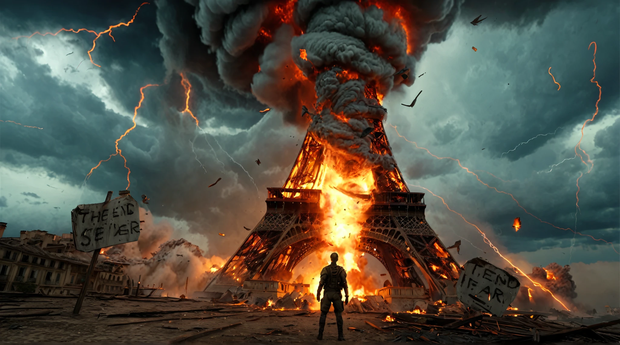 arafed image of a man standing in front of a huge tornado, vfx art, epic vfx shot, end of the world, eiffel tower is burning, end of world, amazingly epic visuals, highly detailed surreal vfx, apocalyptic art, stunning vfx, 8k vfx render, incredible vfx, stormy and grand war scene, concept art 2022, creative vfx