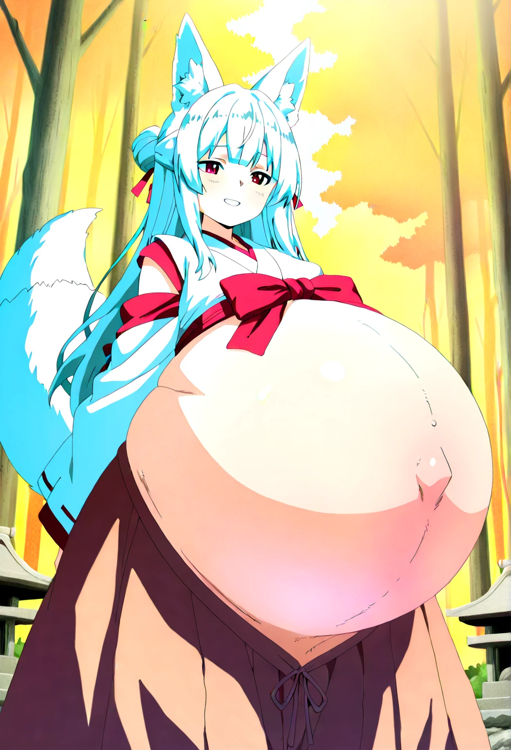 Shirakami Fubuki - hololive, 1girl, (((bimbo))), white long hair, blue eyes, white fox ears, (((bimbo))), thin lips, painted lips, shy smile face, pregnant belly, big belly, wide hips, thick thighs, huge round ass, enormous natural breasts, shiny oily breasts, string bikini, full body, island, nsfw