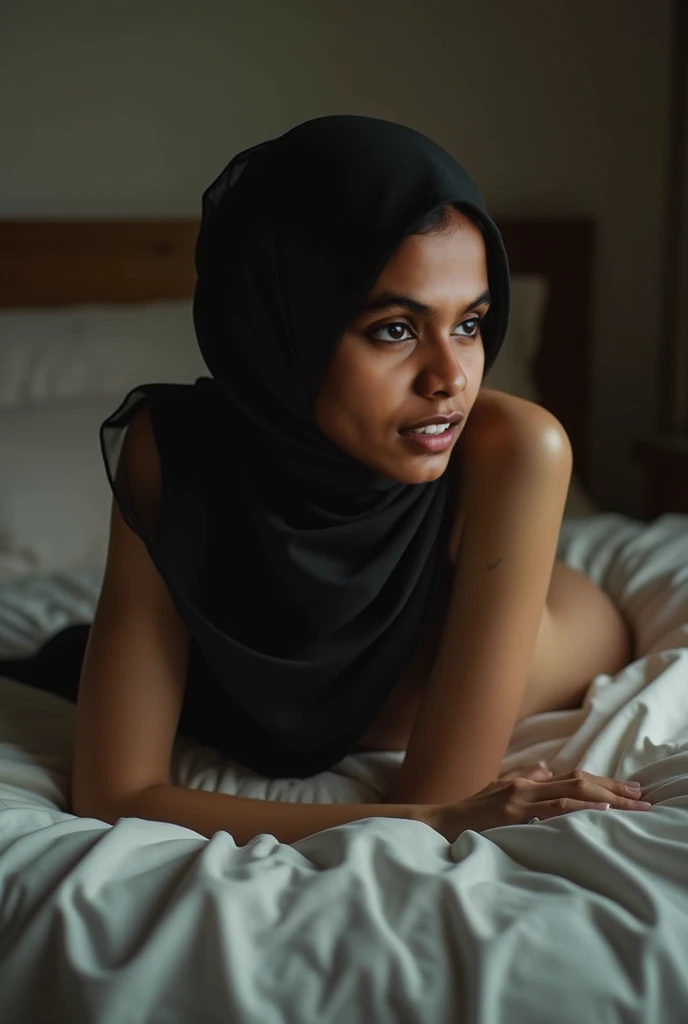 RAW photo,dark,moody,hazy atmosphere,35mm focal lenght,underexposed,cold,candid photograph,artistic,photograph of a beautiful,influencer,30yo Kurdish woman,hijab,detailed skin,fully naked,looking at viewer, candid pose,dim room,blue light, film grain, kodak color, instagram LUT