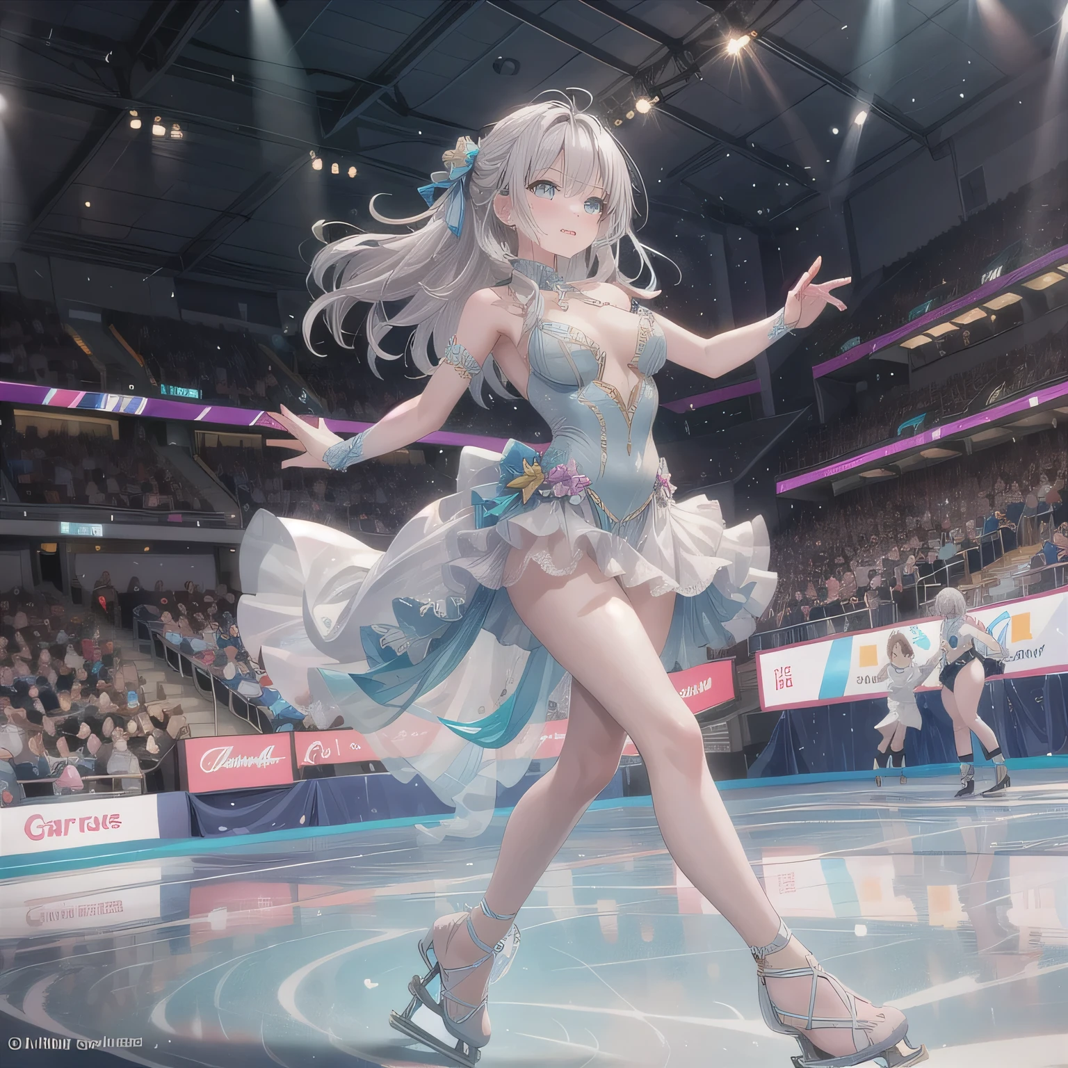 1 girl, cute, 18yo, asian, high detailed face, Smile expression. makes figure skaters dancing on ice. Give this image snow-white feathers and sparkling Swarovski crystals. Next, Accessorize with a gold headpiece, Transparent beaded necklace and matching rings or earrings. Finally, Bright makeup and sparkling eyeshadow、Complete the atmosphere of figure skaters shining on the ice. Dynamic Poses: Posing that reproduces triple axel and toe loop jump, Or、Pose during a spin to show the figure skater's grace and movement. location: Large skating rink in the center of the ice castle. The castle is surrounded by glowing ice statues and waterfalls, A huge crystal chandelier hangs in the center of the skating rink. This location is、There is a beautiful and magical atmosphere that complements the figure skating cosplay and its dynamism. photorealistic, ultra-realistic, HD, 8k