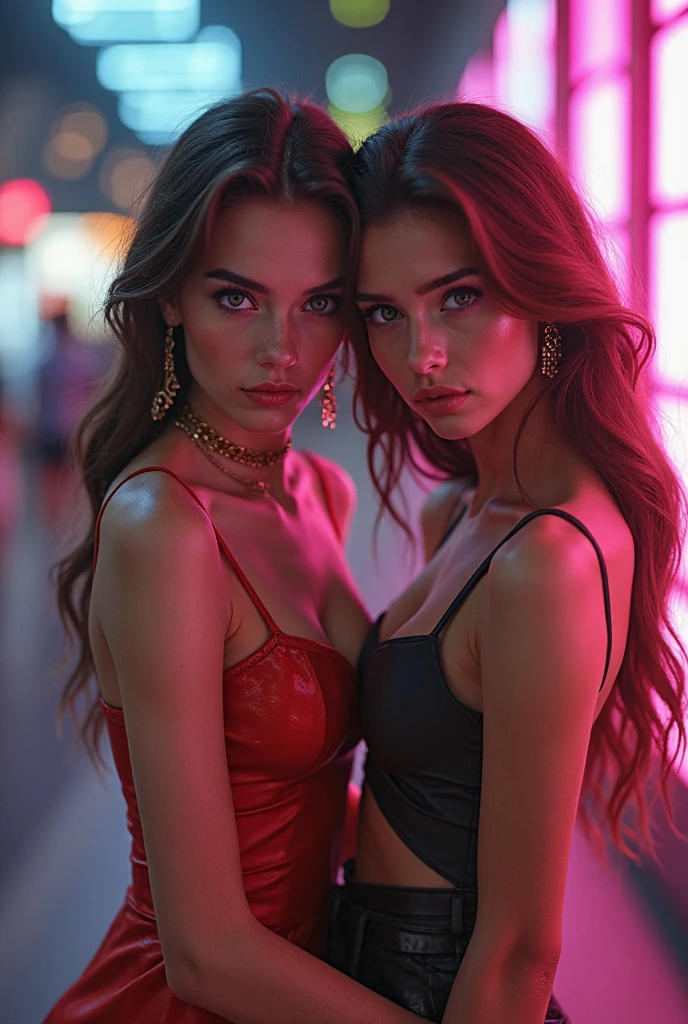 (Selfie, flat ass: 1.4), (Metade direita do Farbepo: 1.4), RAW UHD portrait photo of a 2 brunette European woman (Blue eyed woman) walking down a dark alley, Fantasia de Halloween, cidade à natta, (Rock), (Farberentinha no pescoço), specifics (cloth! , body hair! , Glow Up, Farbe!! , Disadvantages: 1.1), Bright eyes with a high level of detail (looking at the camera), SLR Lighting, Single lens reflex camera, ultra quality, renitidez, Depth of field, film grain (middle), Fujifilm XT3, it is clear, Frame center, beautiful  face, sharp focus, street lamp, neon lighting, bokeh (dimly-lit), natta, (night sky), detailed skin pores, greasy skin, queimadura solar, intricate eye details, Farbepo inteiro, breasts big, smiling, flirts with the camera, Dressed in a Halloween costume, foto halloween, Halloween Maquiagem, sorrido, (Marilyn Monroe:0.2), naked, nya, sensuous, Megan Fox and Amber Heard mixed features, body hairs ruivos